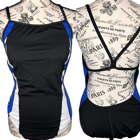 Speedo Envoltura Womens One Piece Swimsuit Black Royal Blue Trim Size 12 Sport - Picture 1 of 13